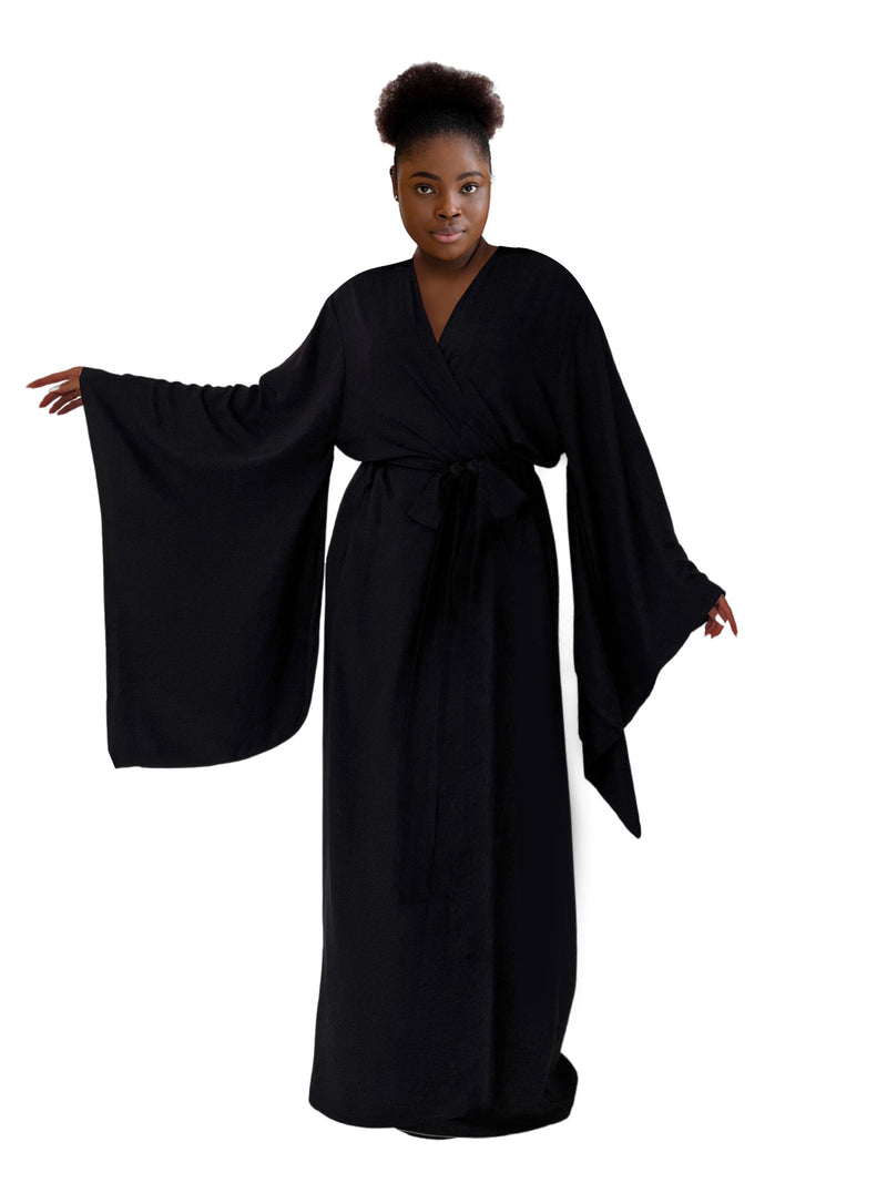 Kimono Viscose Long Robe in Black with pockets and headband Plus Size