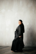 Adele Silk Long Robe with Cuffs in Black Plus Size - Angies Showroom