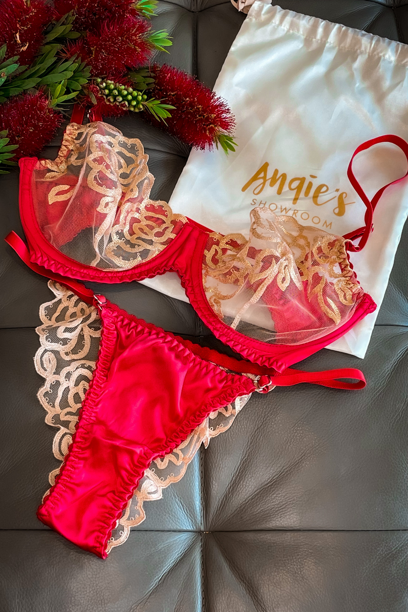 Clarissa Red with Gold lace Lingerie Set