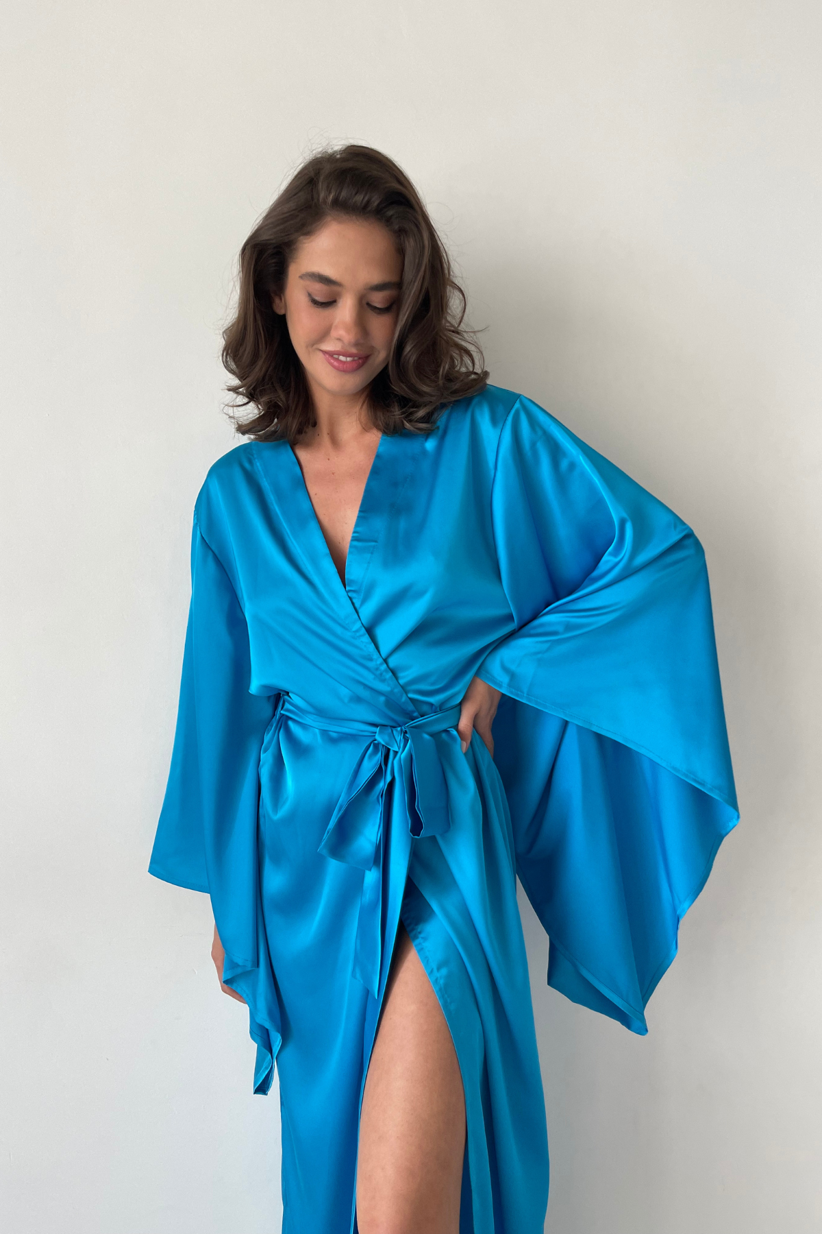 Kimono Neon Blue Long Robe made out of satin silk - Angie's Showroom