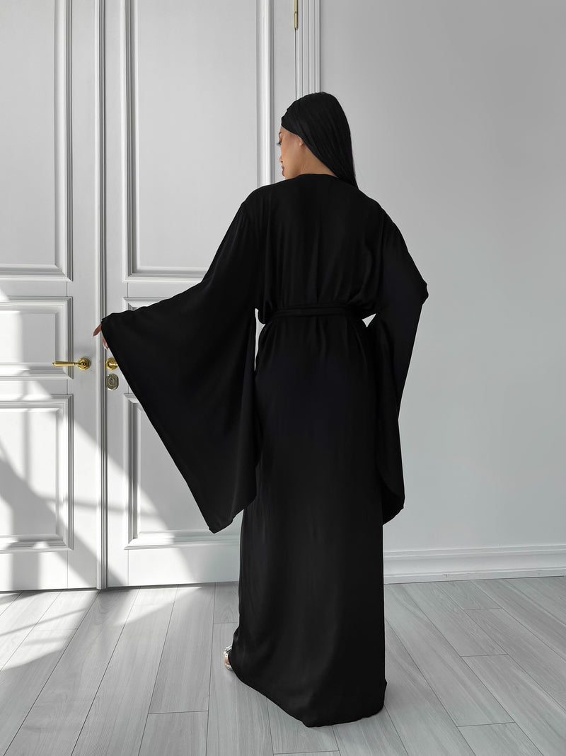 Kimono Viscose Long Robe in Black with pockets and headband