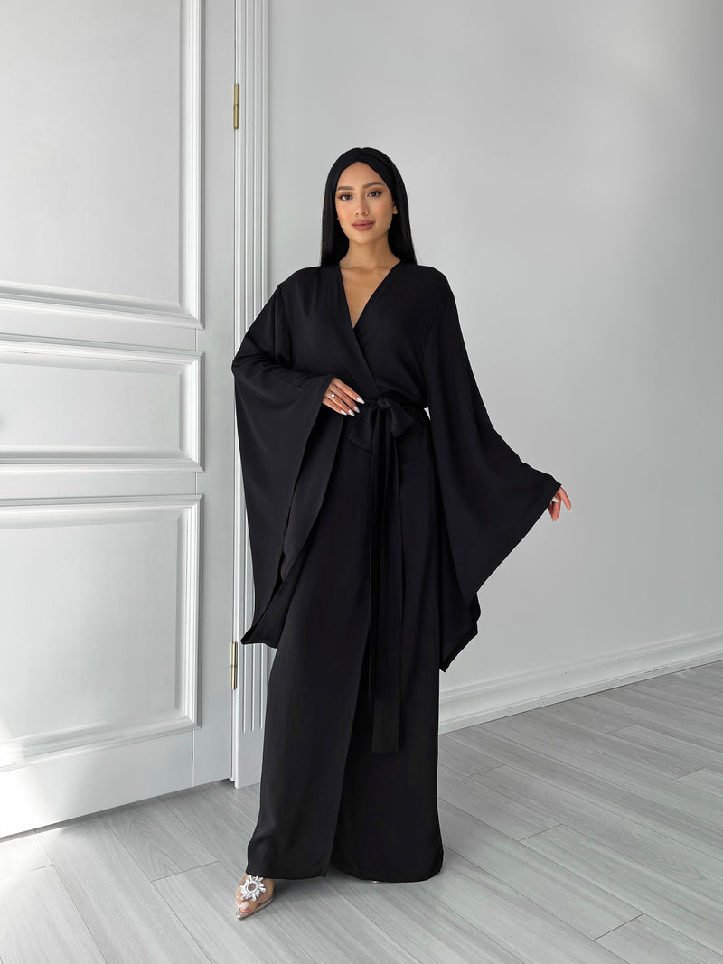 Kimono Viscose Long Robe in Black with pockets and headband