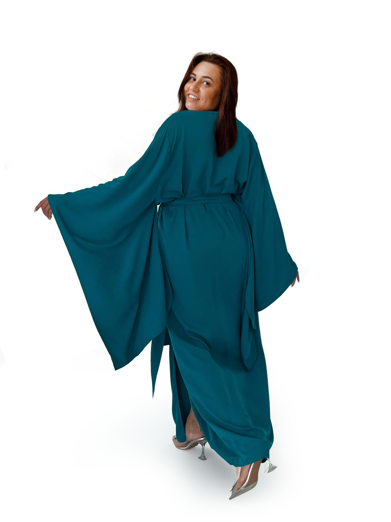 Kimono Viscose Long Robe in Teal with pockets and headband Plus Size
