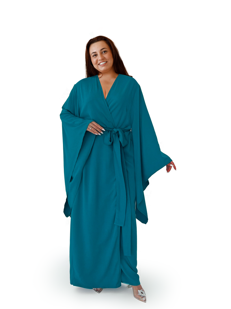 Kimono Viscose Long Robe in Teal with pockets and headband PLus Size