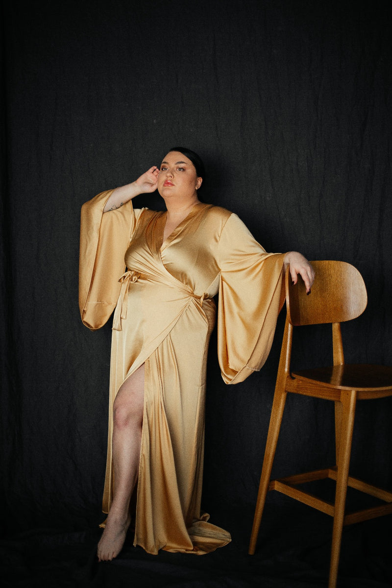 Kimono Sleeves Long Robe Light Gold Plus Size - Angies Showroom