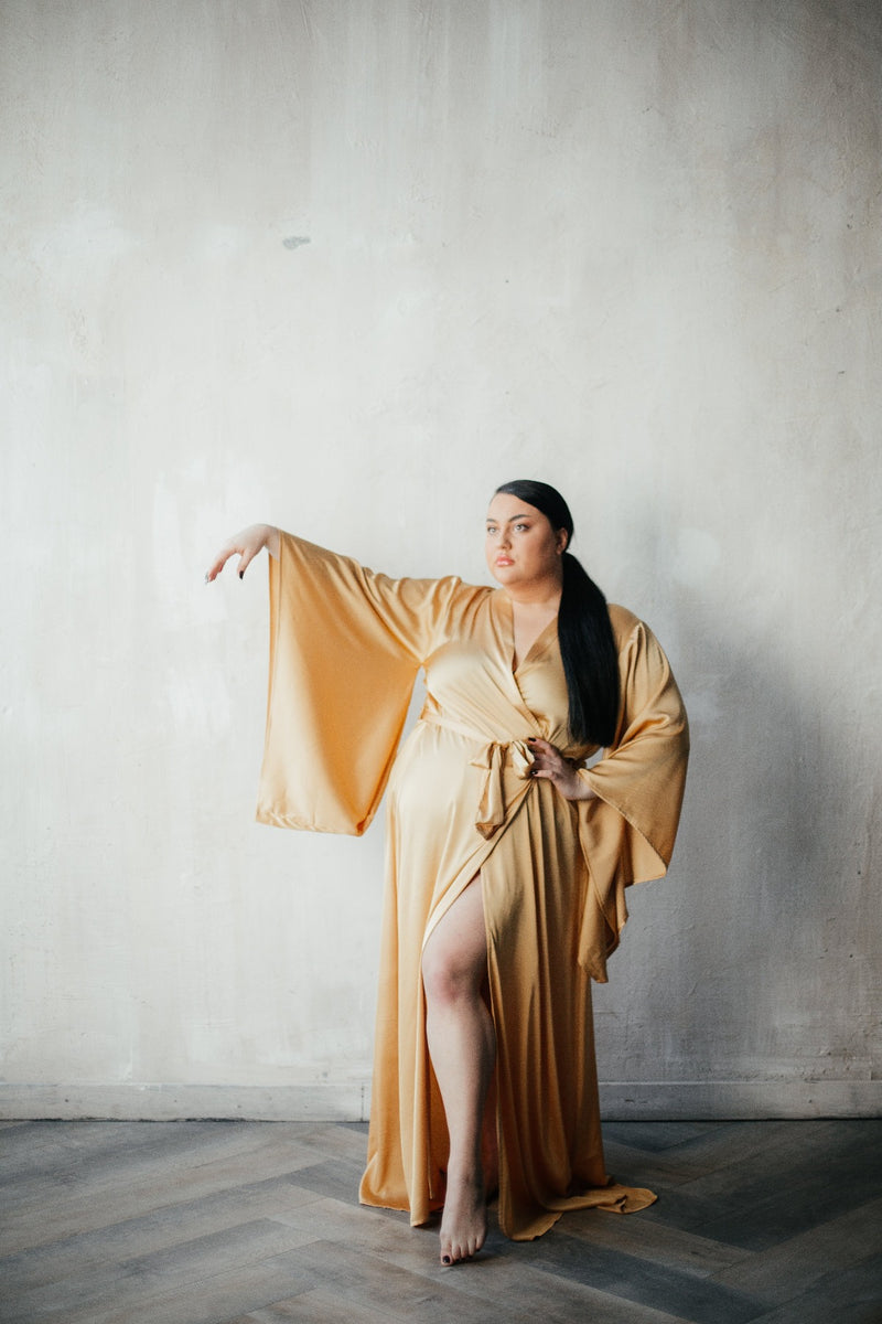 Kimono Sleeves Long Robe Light Gold Plus Size - Angies Showroom