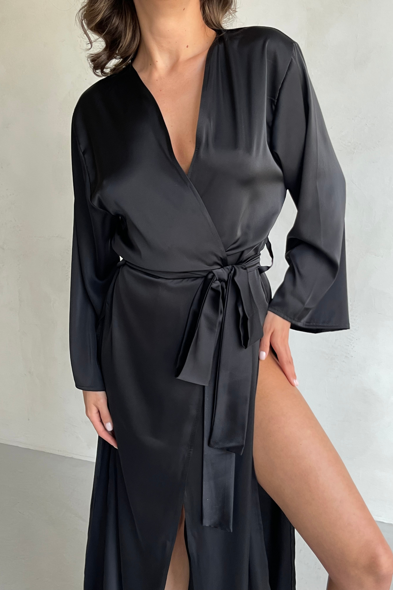 Sara Black Split Side Kimono Robe
