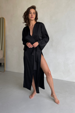 Sara Black Split Side Kimono Robe Front