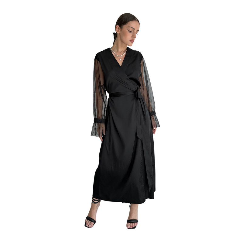 Jasmine Satin Long Robe With Mesh Sleeves