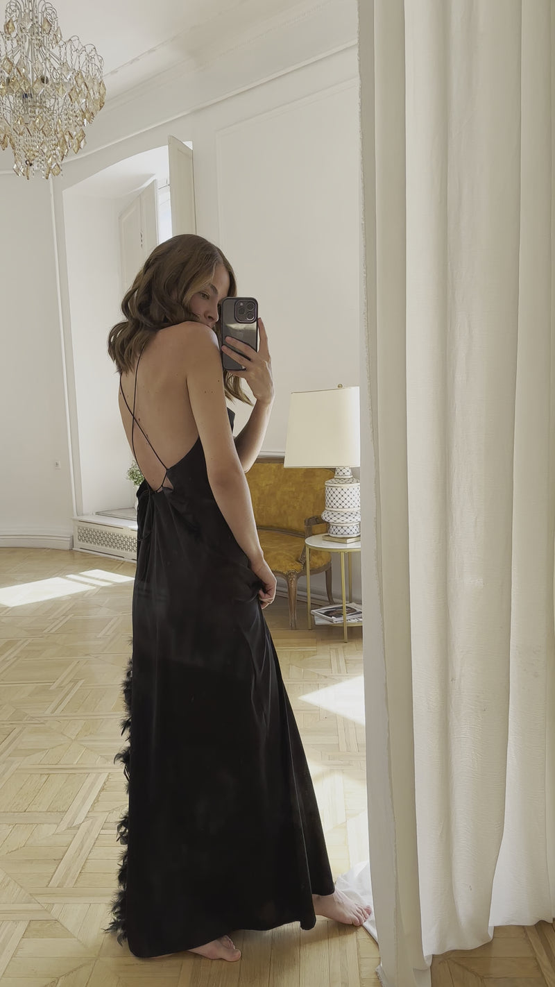 Black Swan Silky Slip Dress Gown with Feathers - Angies Showroom