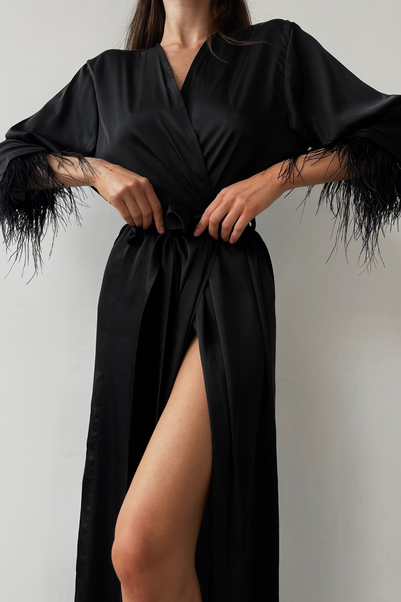 Aster Black Robe with feathers in black