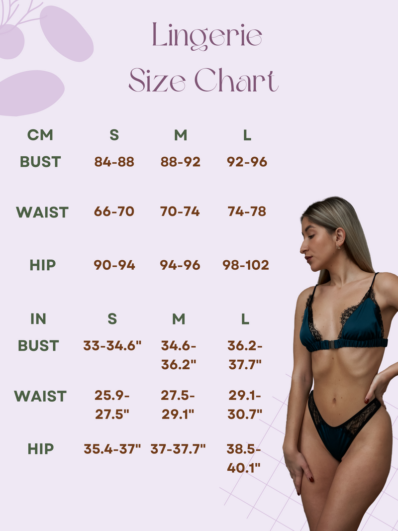 Velvet Emerald Lingerie Set size chart available in sizes S, M, L