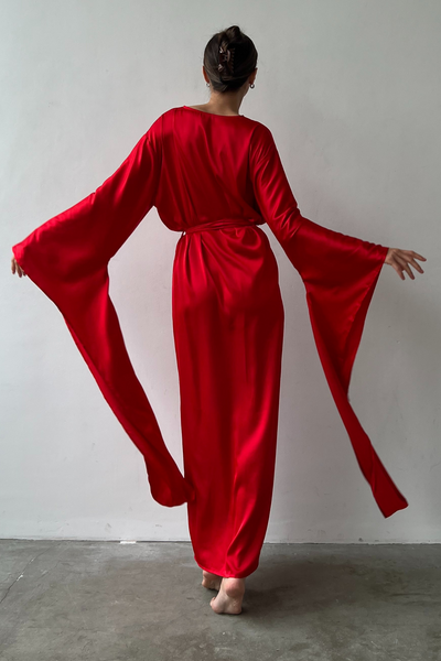 Flame Kimono Robe in Red made out of satin silk - Angie's Showroom