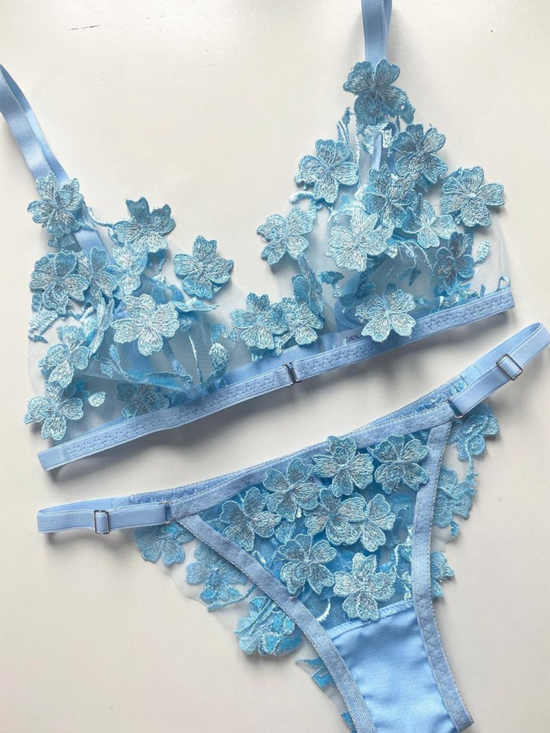 Ornella with 3D flowers blue Lingerie Set Angies Showroom