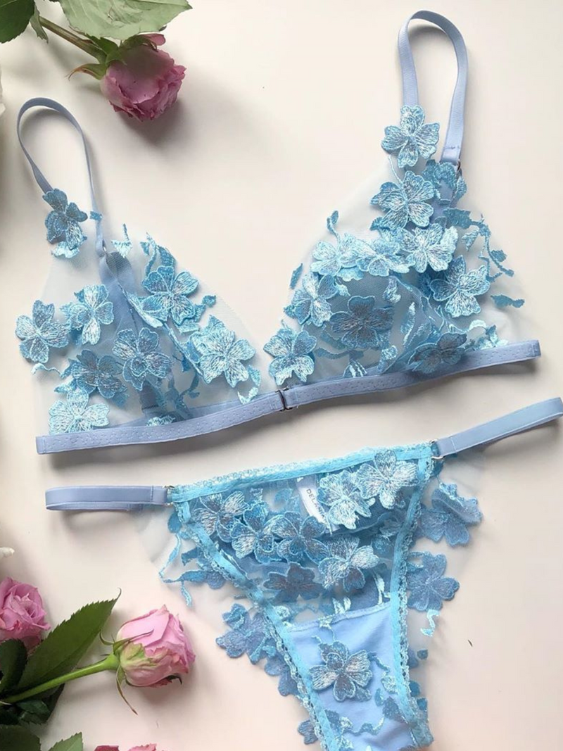 Buy Ornella With 3D flowers Blue Lingerie Set - Angie's Showroom