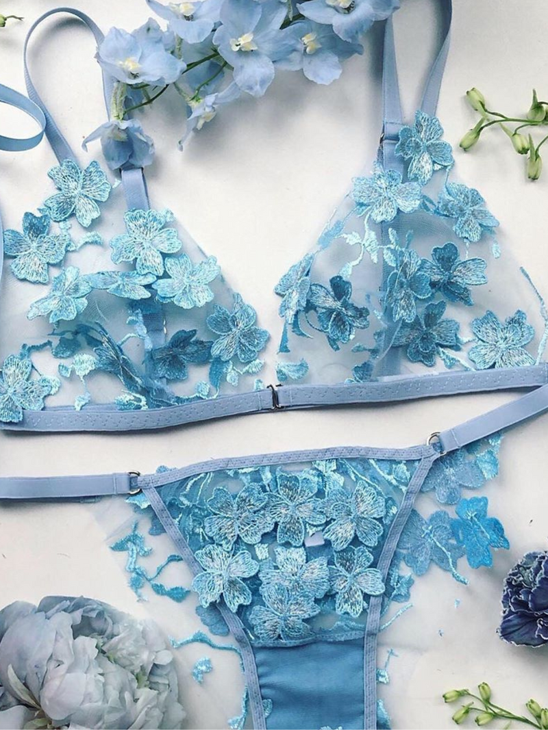 Buy Ornella With 3D flowers Blue Lingerie Set - Angie's Showroom