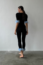 Silky Pajama Suit with light blue feathers 