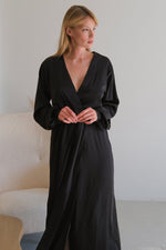 Adele Silk Long Robe with Cuffs in Black - Angie's showroom