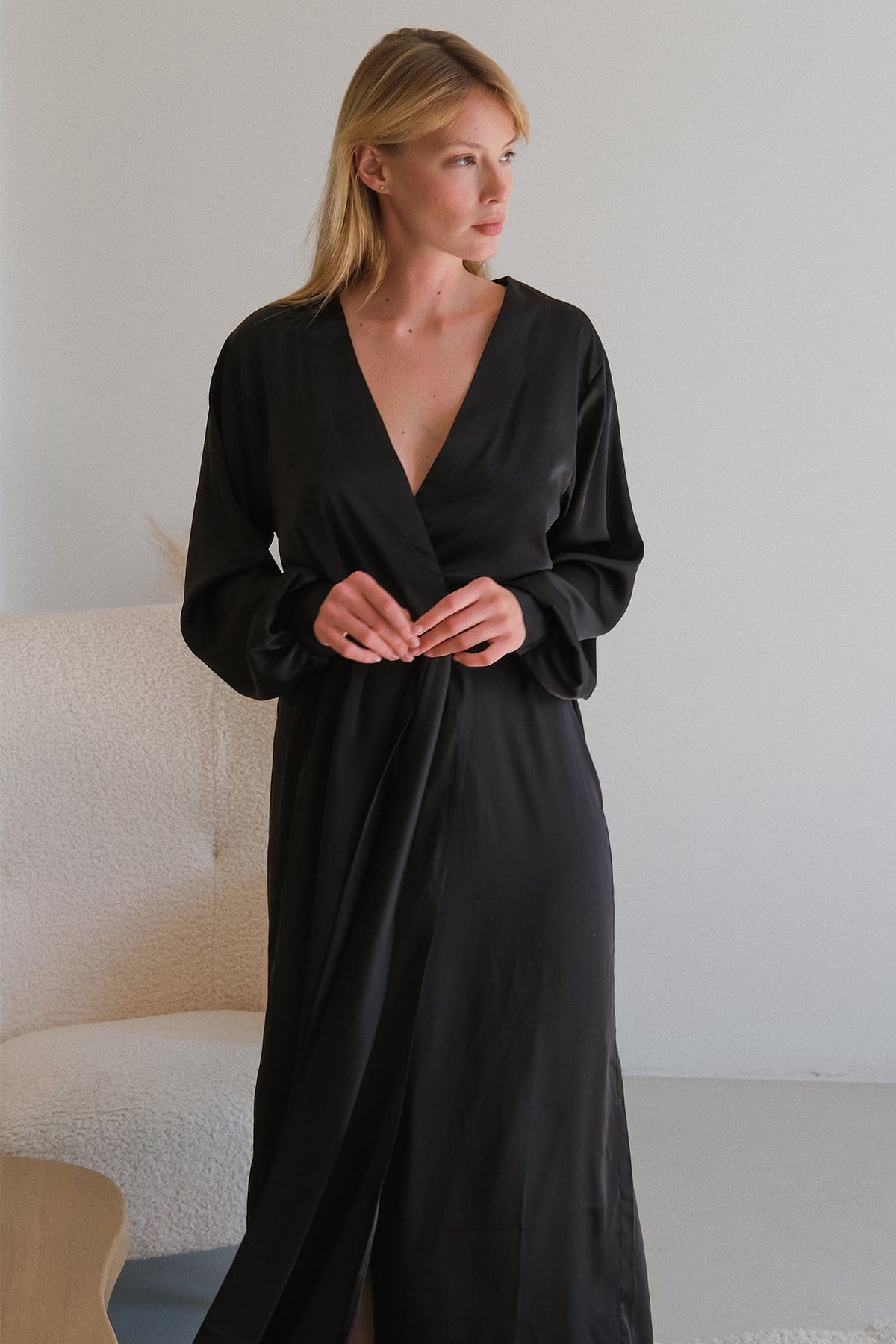 Shop Premium Silk Long Robe in black color with Cuffs Online