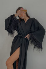 Aster black shiny kimono robe with feathers - Angie's showroom
