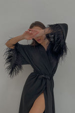 Aster black shiny kimono robe with feathers - Angie's showroom