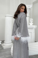 Aster silver shiny kimono robe with feathers - Angie's showroom