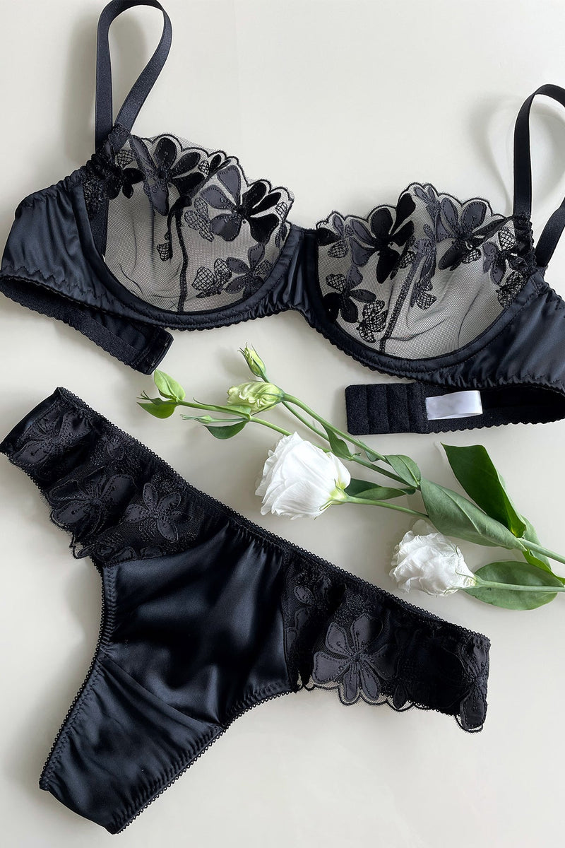 Clearance!New Women Cute Underwear Satin Lace Embroidery Bra Sets with  Panties Black 36/80B