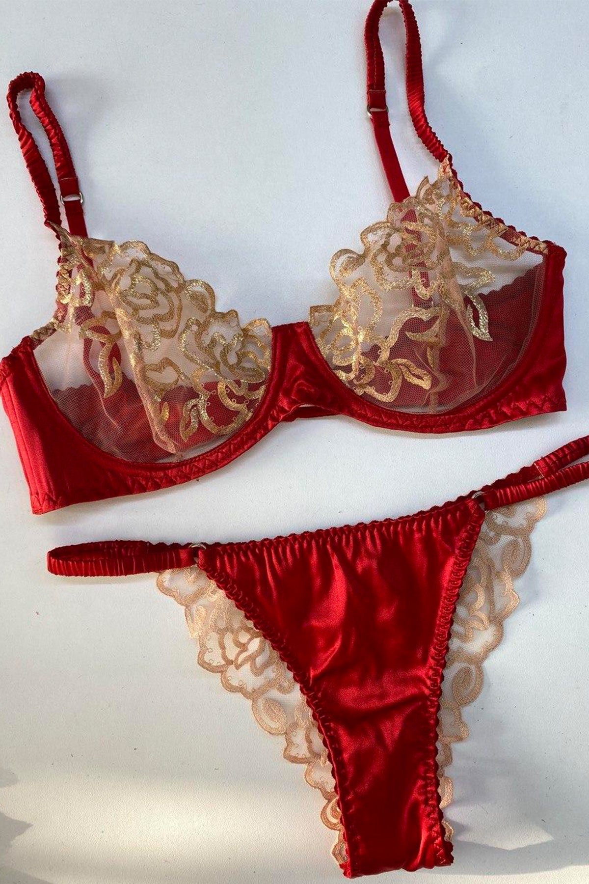 Shop Clarissa Red silk and Gold Lace Lingerie Set – Angie's