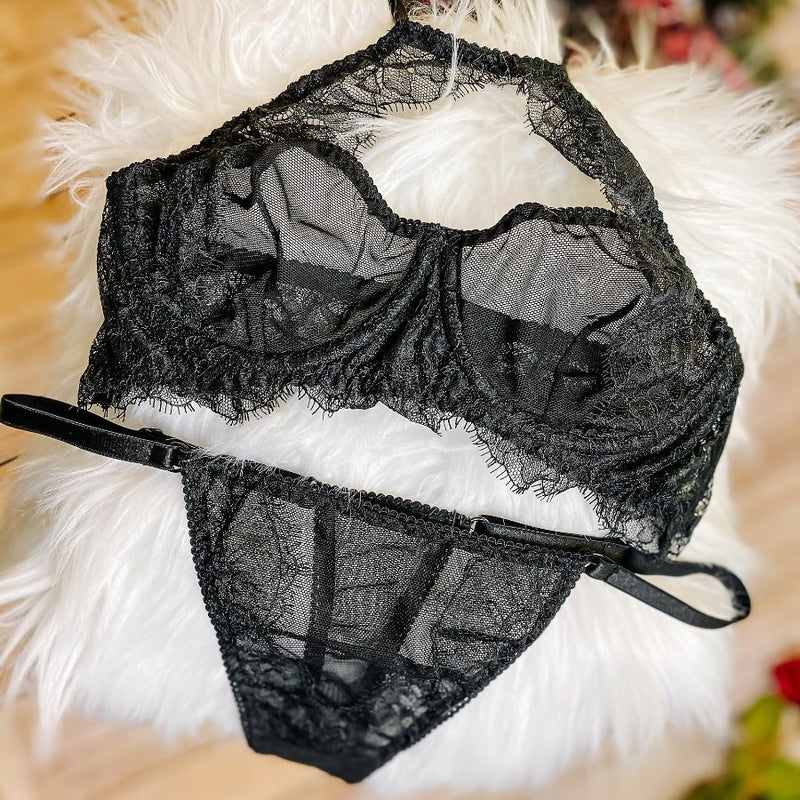 Love & Other Things lingerie set in black mesh