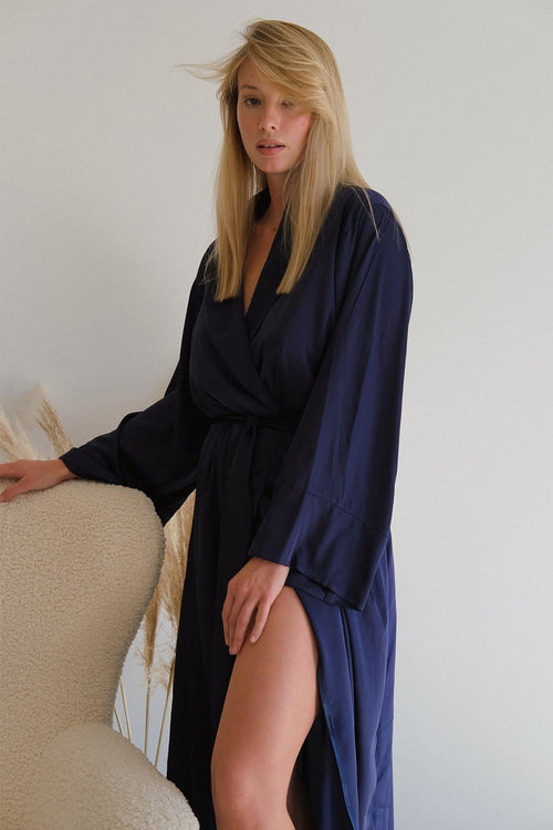 Lora Long silky robe with shawl collar - Angie's showroom