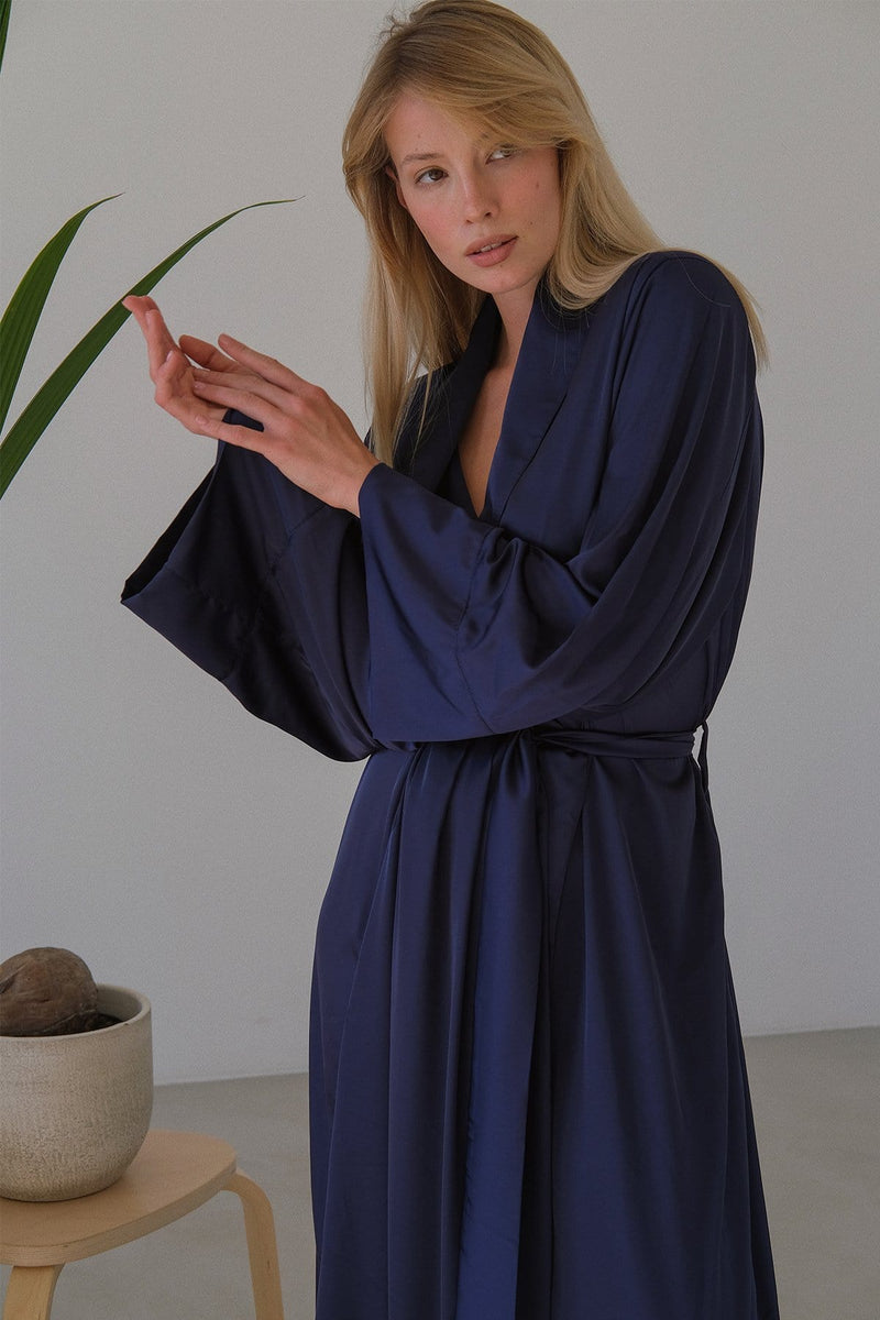 Lora Long silky robe with shawl collar - Angie's showroom