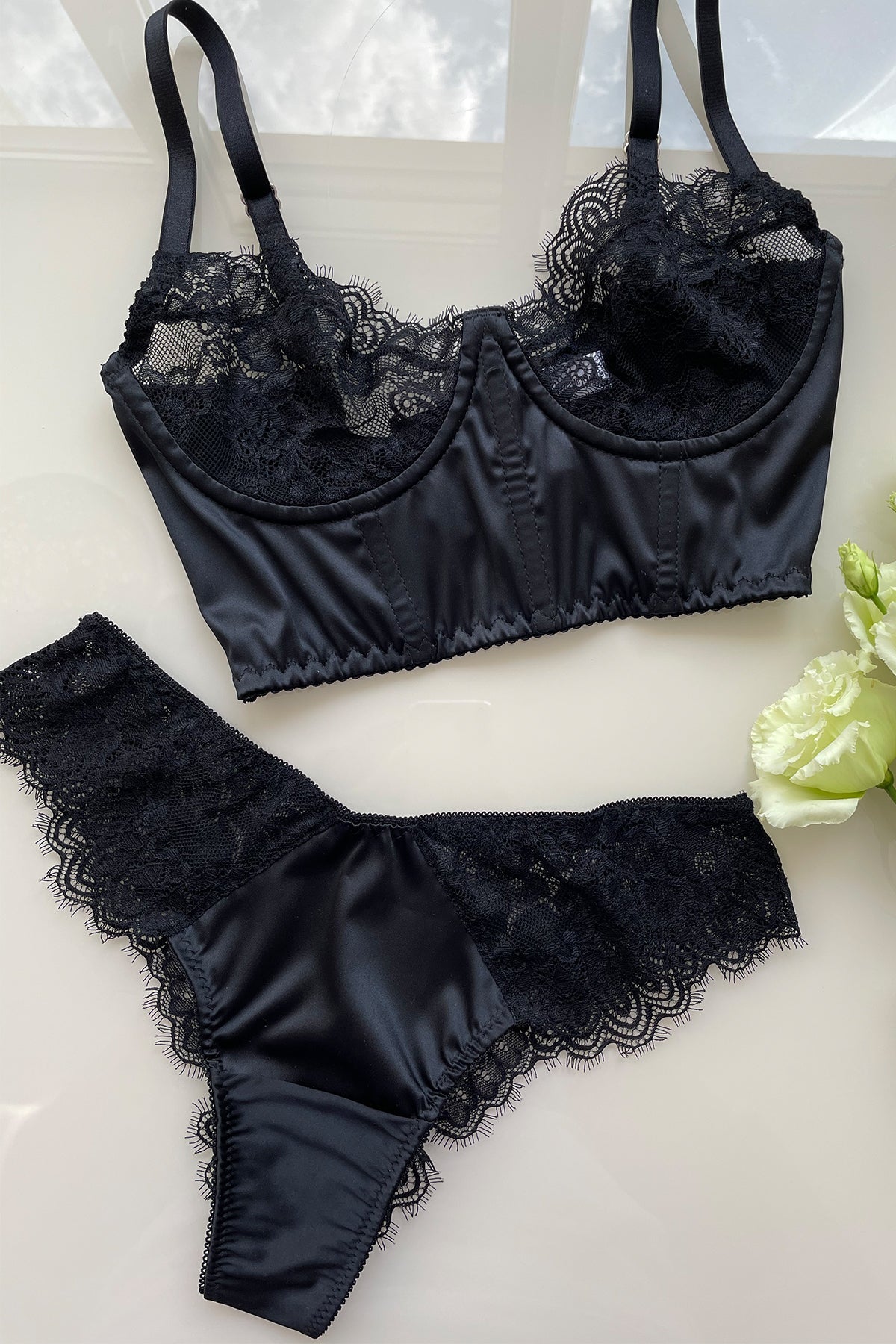 Premium Michelle Black Bustier Handmade Lingerie Set 38B / XS Premium Michelle Black Bustier Handmade Lingerie Set 38B / XS
