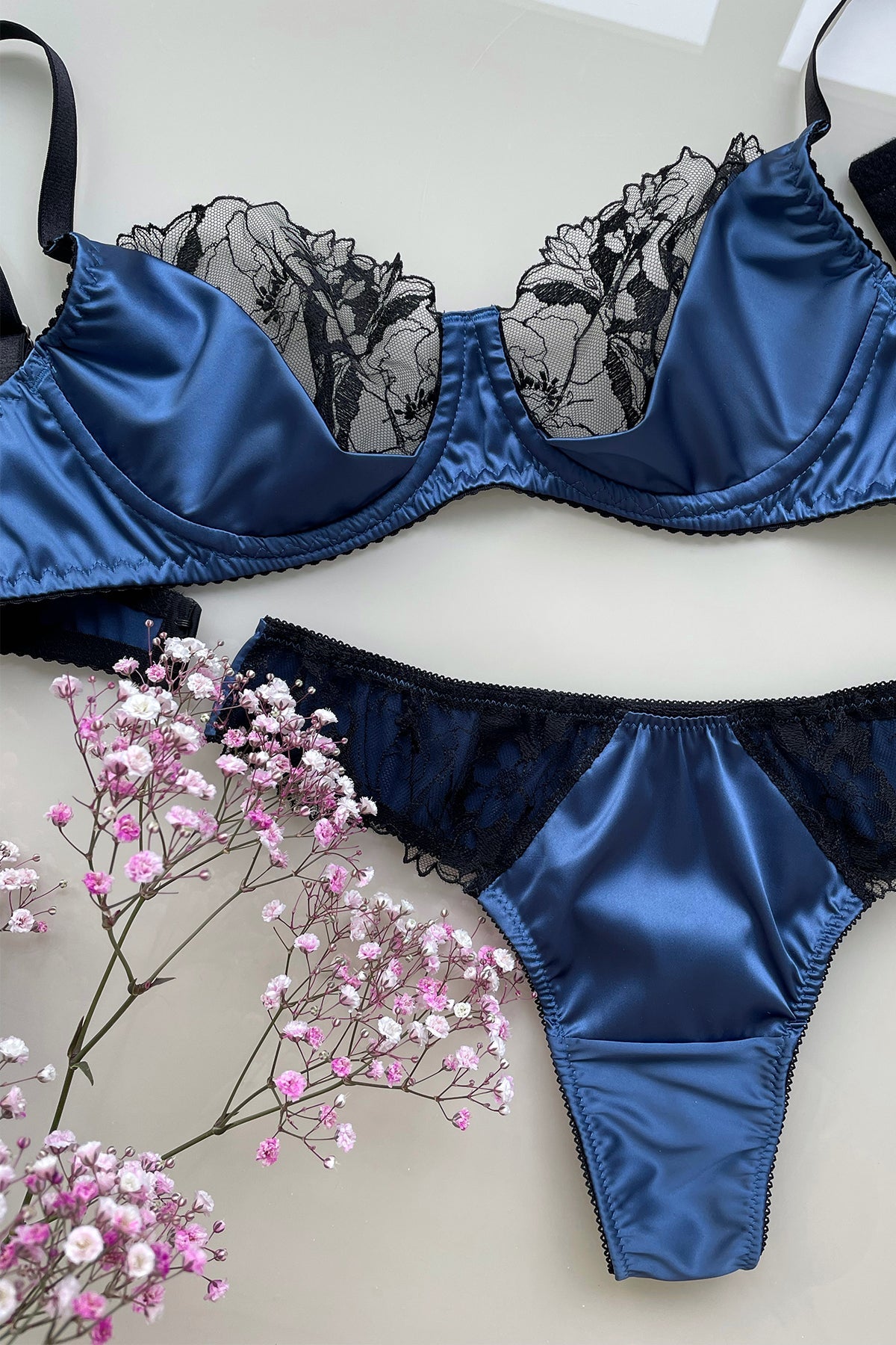Silk satin camisole in navy blue with French lace – Ariane Delarue Lingerie