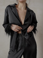 Silky Pajama Suit with Feathers in Black - Angie's showroom
