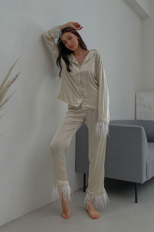 Silky Pajama Suit with Feathers in Ivory - Angie's showroom