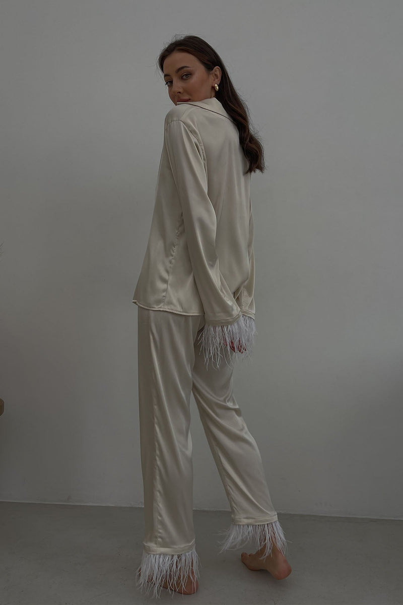 Silky Pajama Suit with Feathers in Ivory - Angie's showroom