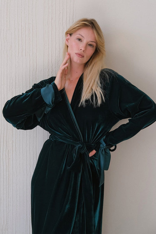 Velour Long Home Robe with Satin Ties Emerald - Angie's showroom